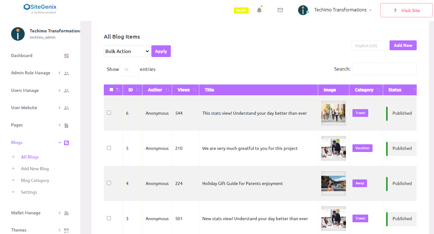 SiteGenix Blog Management Interface