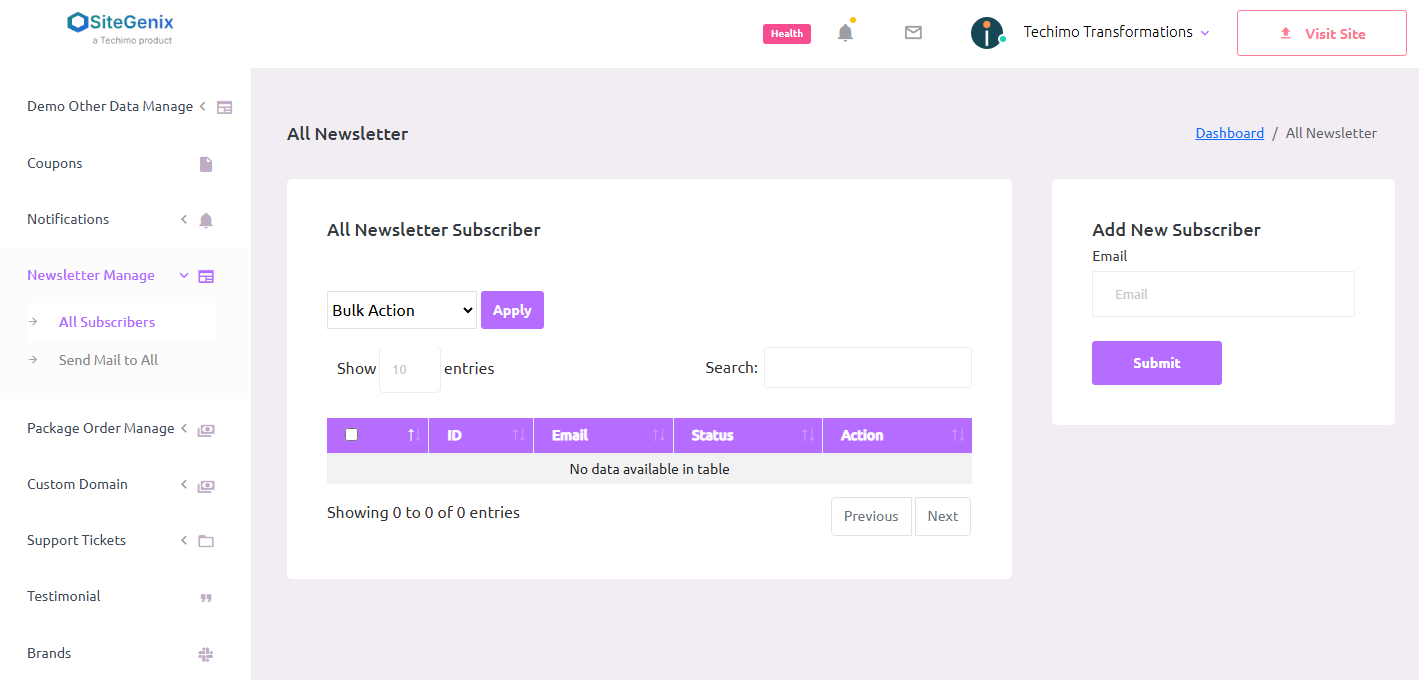 Newsletter subscribers list interface
