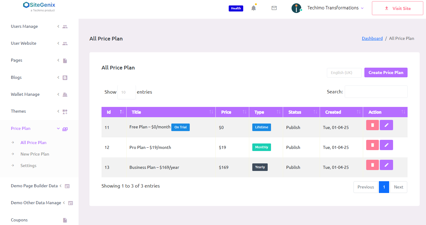Pricing Plan Management Interface